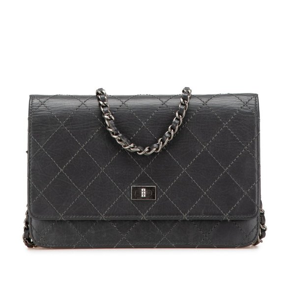 CHANEL 2.55 Wild Stitch Chain Wallet Shoulder Bag A69206 Gray Leather Women's - Picture 1 of 14